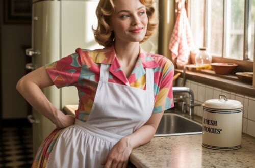 A woman dressed like a 1950s housewife with a patterned dress and white apron.
