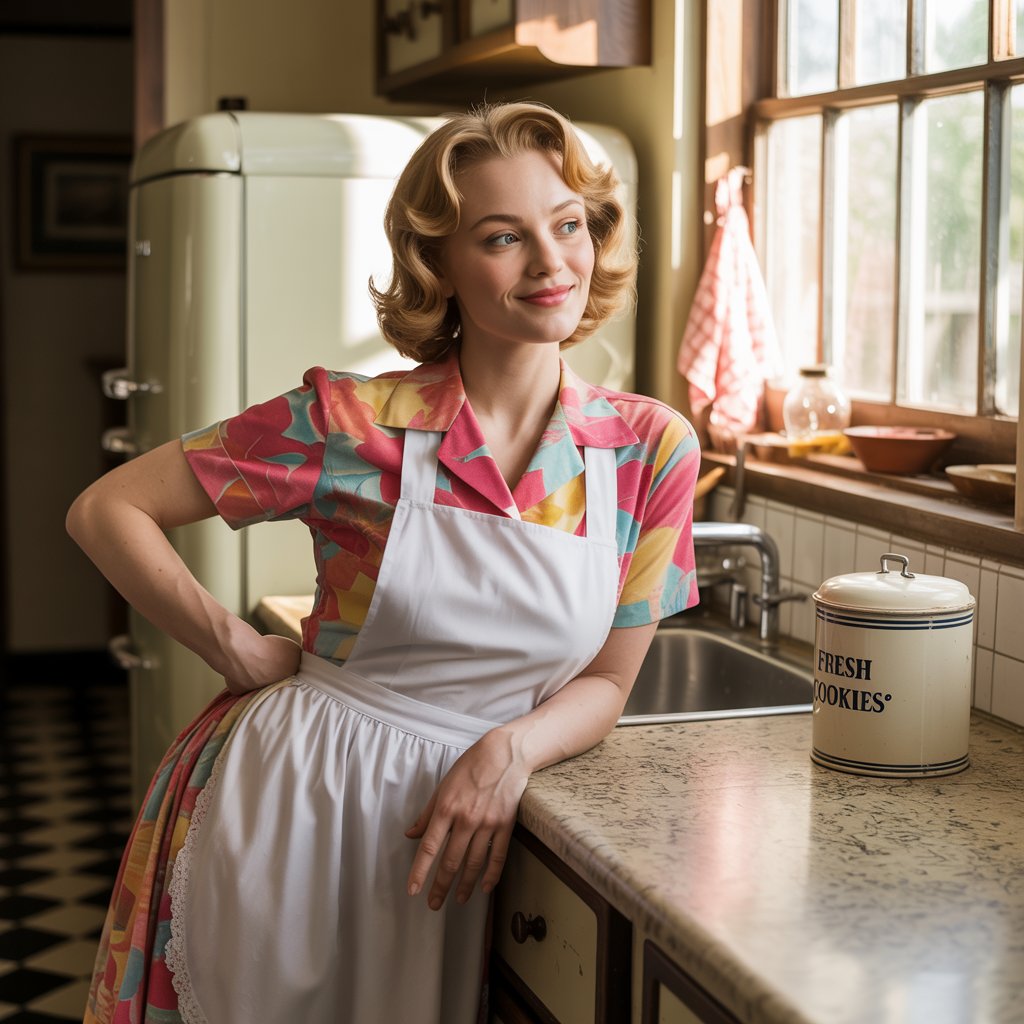 A woman dressed like a 1950s housewife with a patterned dress and white apron.