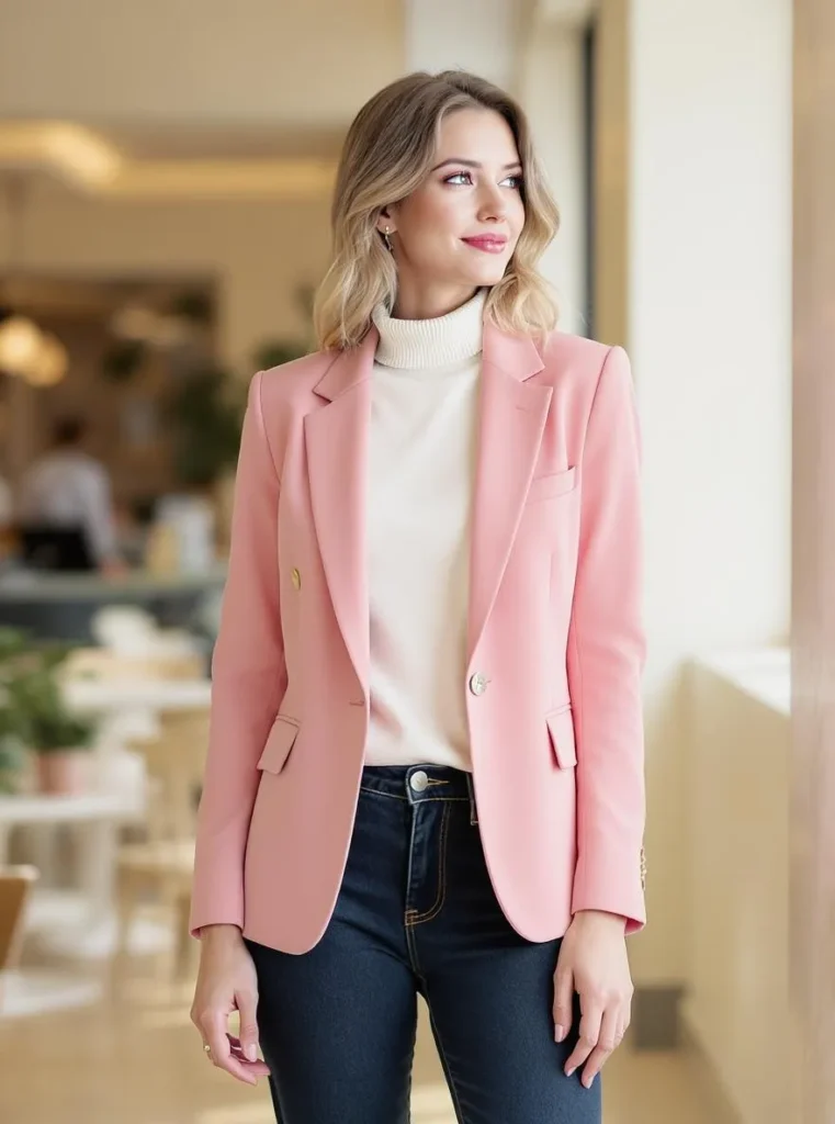 Professional woman wearing pink blazer with dark jeans and flats for stylish business casual office outfit.