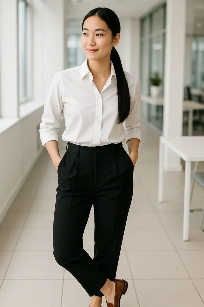 Professional woman wearing white button-down shirt with black trousers and brown loafers in modern office - business casual outfit.
