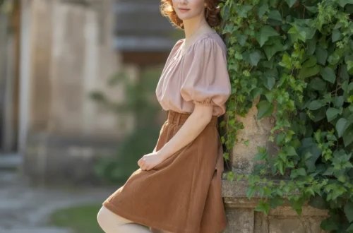 Woman in blush pink puffy-sleeve blouse and brown corduroy midi skirt with cream tights and ankle boots standing against ivy-covered stone wall, natural no-makeup look, cottagecore style.