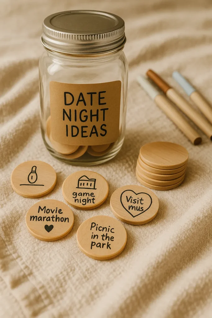 Hand-painted wooden tokens with date night ideas like “Movie marathon,” “Picnic in the park,” and “Game night,” arranged around a jar labeled “Date Night Ideas” with paint pens, showing fun crafts for your boyfriend and homemade gifts to make.