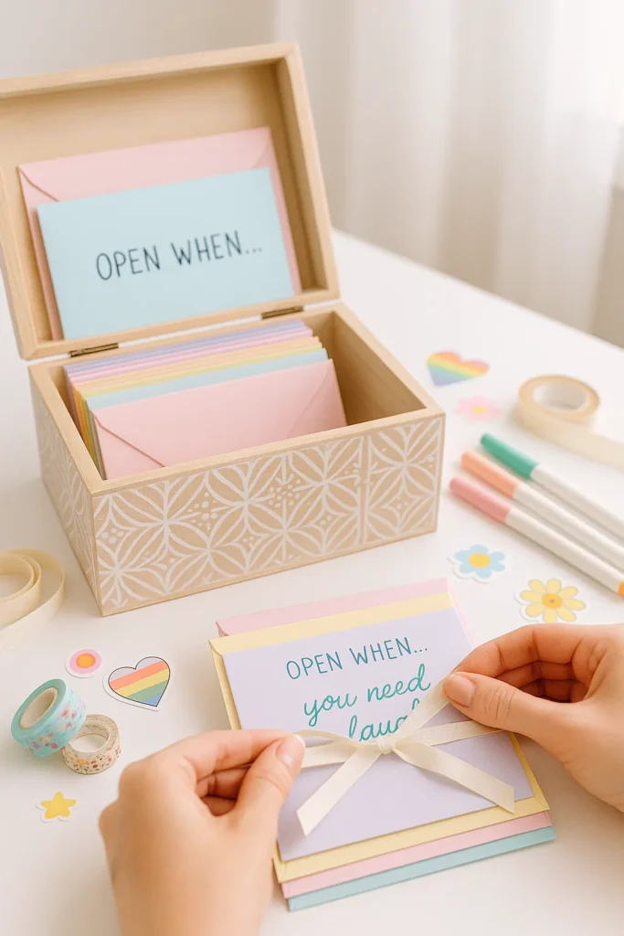 Decorative wooden box filled with pastel “Open When” envelopes and handwritten notes, surrounded by washi tape, markers, stickers, and a woman’s hand tying a ribbon around the letters.