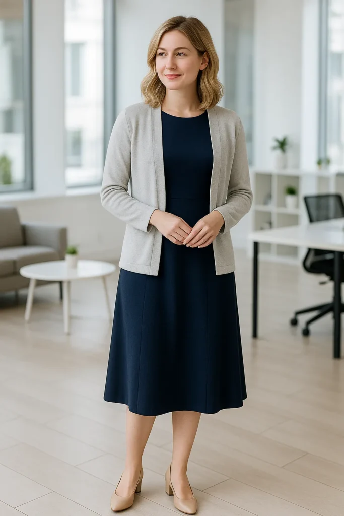 Professional woman wearing navy midi dress with gray cardigan and block heels in modern office - smart casual work outfit