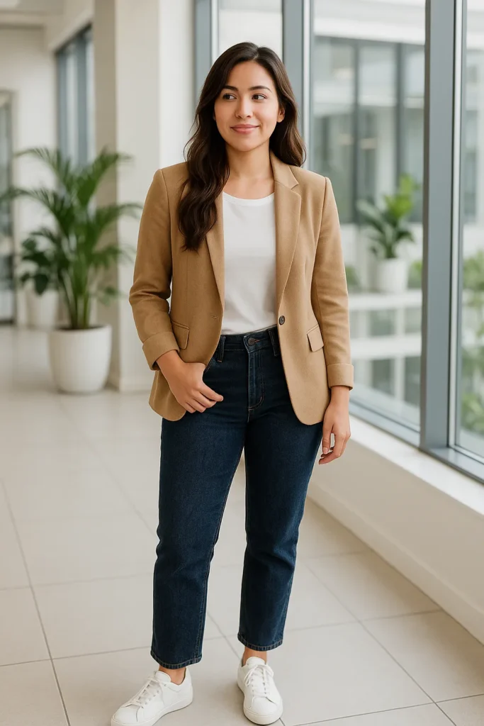 Professional woman wearing beige blazer over white t-shirt with dark jeans and white sneakers in bright modern office - business casual outfit