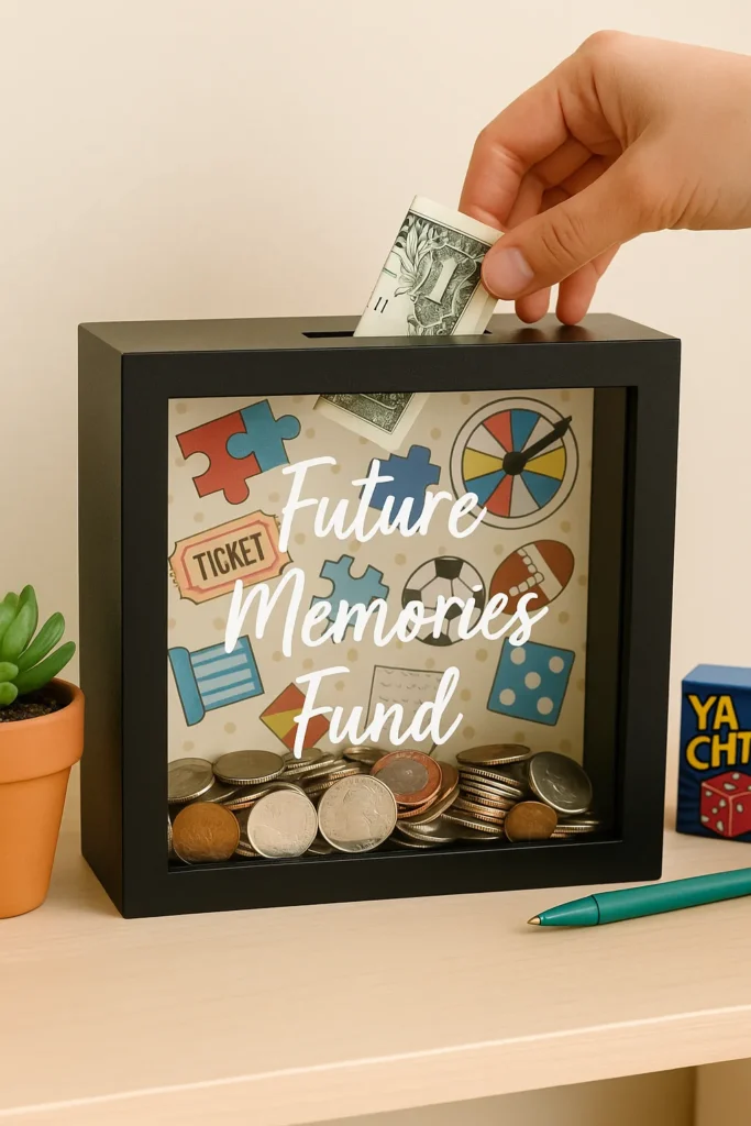 Personalized “Future Memories Fund” shadow box decorated with coins, bills, and a collage of date night ideas—perfect as a thoughtful craft for your boyfriend, homemade gift, and creative gift to make together.