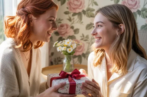 A woman giving a wrapped gift to her best friend.