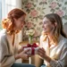 A woman giving a wrapped gift to her best friend.