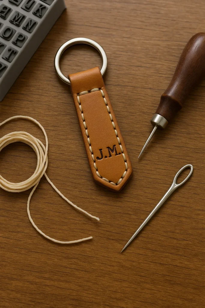 Hand-stitched leather keychain with cream stitching and the initials “J.M.” sits on a wooden table, surrounded by a needle, waxed thread, and leather stamping tools.