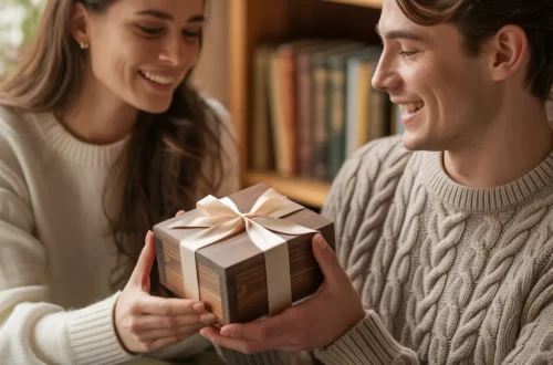 A girlfriend with a handmade gift for her boyfriend.