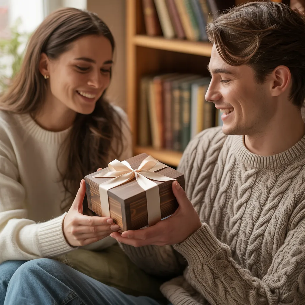A girlfriend with a handmade gift for her boyfriend.
