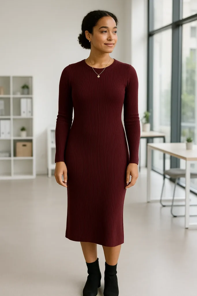Professional woman wearing burgundy knit midi dress with ankle boots in modern office - business casual outfit.