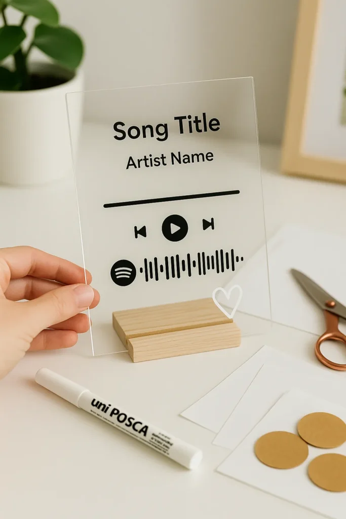 DIY acrylic music plaque with a Spotify code, music note icons, and space for a song title, shown with paint pen, vinyl, and scissors—perfect as a handmade gift for your boyfriend, crafts for your boyfriend, or sentimental homemade gifts to make.
