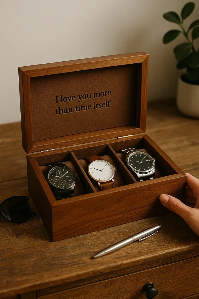 Handmade wooden watch box with velvet lining and custom engraved message inside the lid, displayed on a rustic dresser—showcasing elegant crafts for your boyfriend, sentimental homemade gifts, and personalized gifts to make.