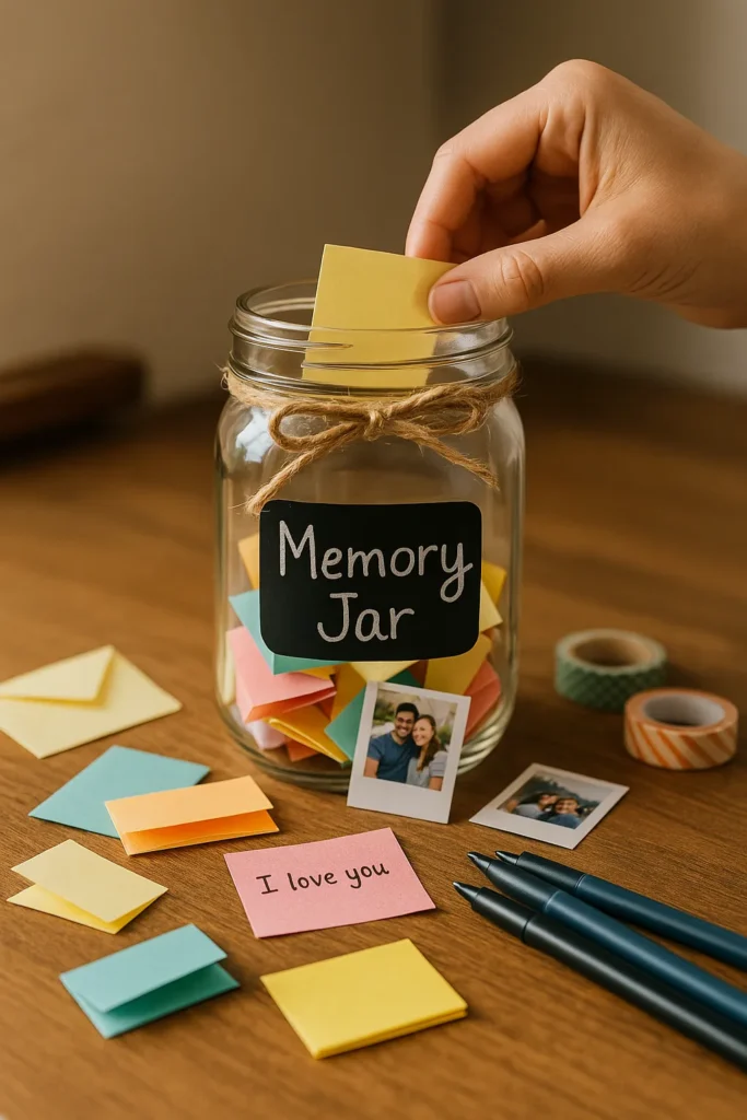 Glass memory jar with a chalkboard label and twine bow, surrounded by colorful notes, small envelopes, printed photos, washi tape, and pens, with a woman’s hand placing a note inside.