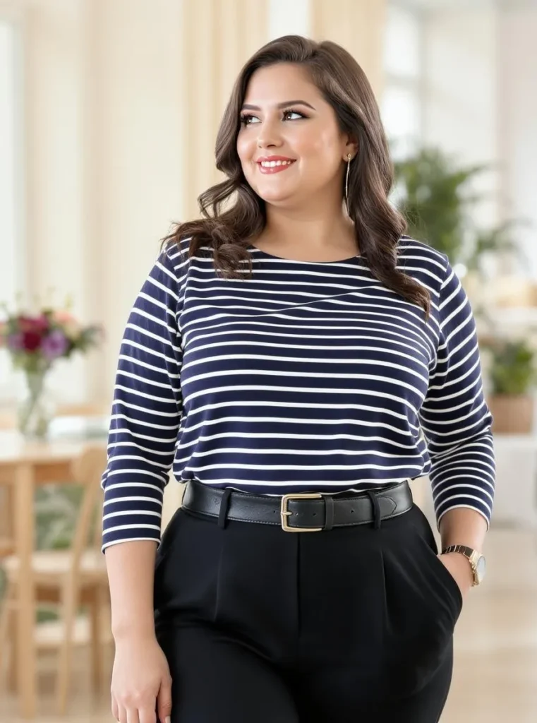 Plus size professional woman wearing navy striped top with black trousers and belt for classic business casual office look.