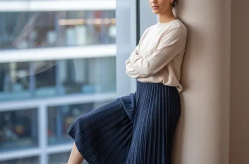 A woman wearing a navy pleated midi skirt paired with a cream-colored sweater and sleek ankle boots for a casual business outfit.