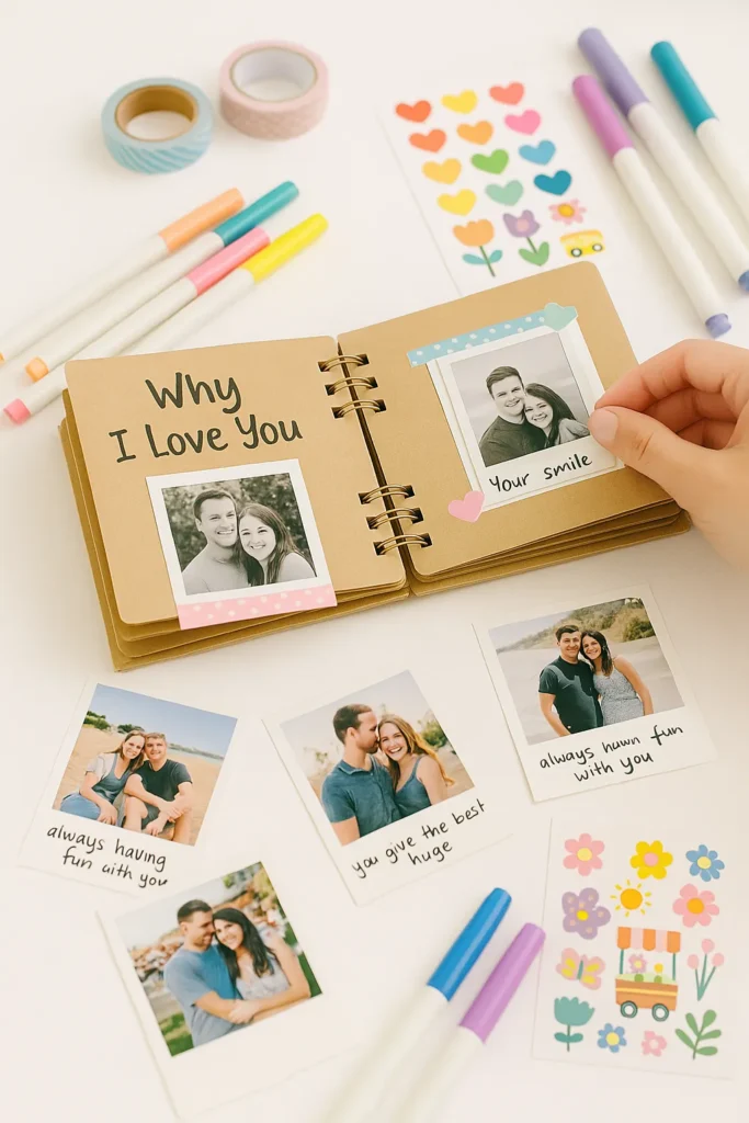 DIY “Why I Love You” mini scrapbook for your boyfriend, open to pages decorated with photos, handwritten notes, stickers, and colorful pens—showcasing handmade gifts, crafts for your boyfriend, and creative homemade gifts to make.