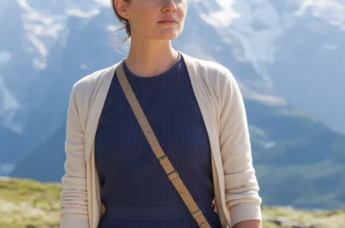 Close up photo of a woman in navy midi dress travel outfit with mountain backdrop - wearing ribbed knit dress, cardigan, flat sandals, and crossbody bag.