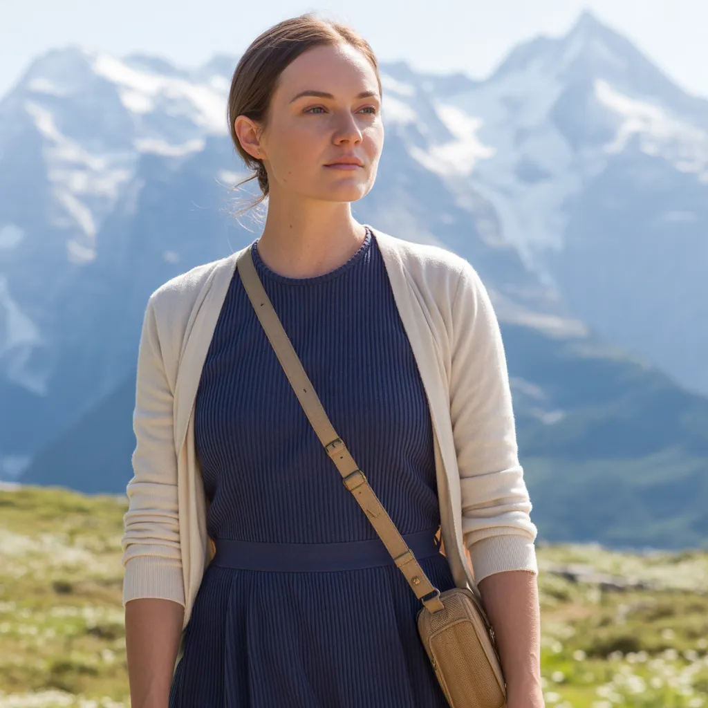 Close up photo of a woman in navy midi dress travel outfit with mountain backdrop - wearing ribbed knit dress, cardigan, flat sandals, and crossbody bag.